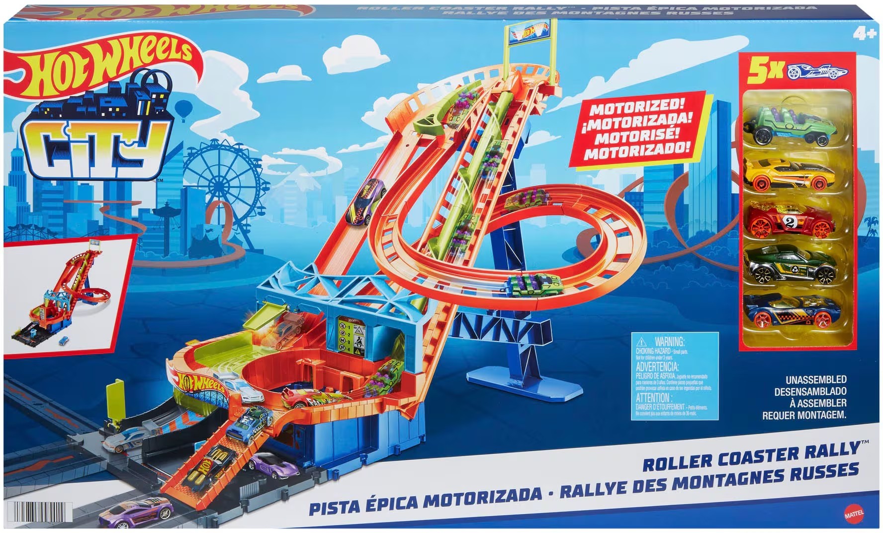 Hot Wheels City Roller Coaster Rally Track Set, With 5 Cars